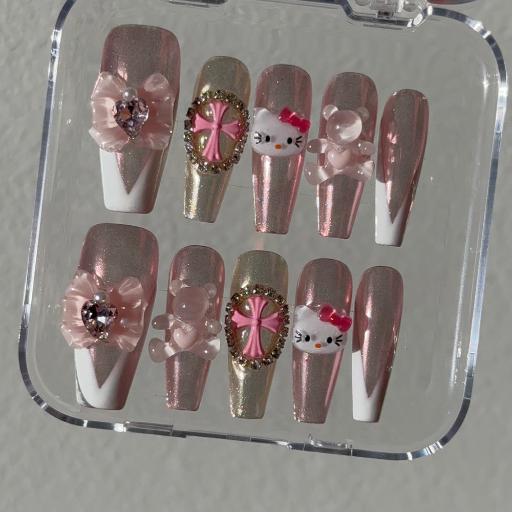 Hello Kitty Long Coffin Metallic French Tip Handmade Press On Nails With Charms